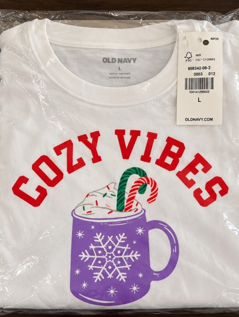 Old Navy Cozy Vibes Christmas Hot Cocoa Graphic Tee White Large NWT